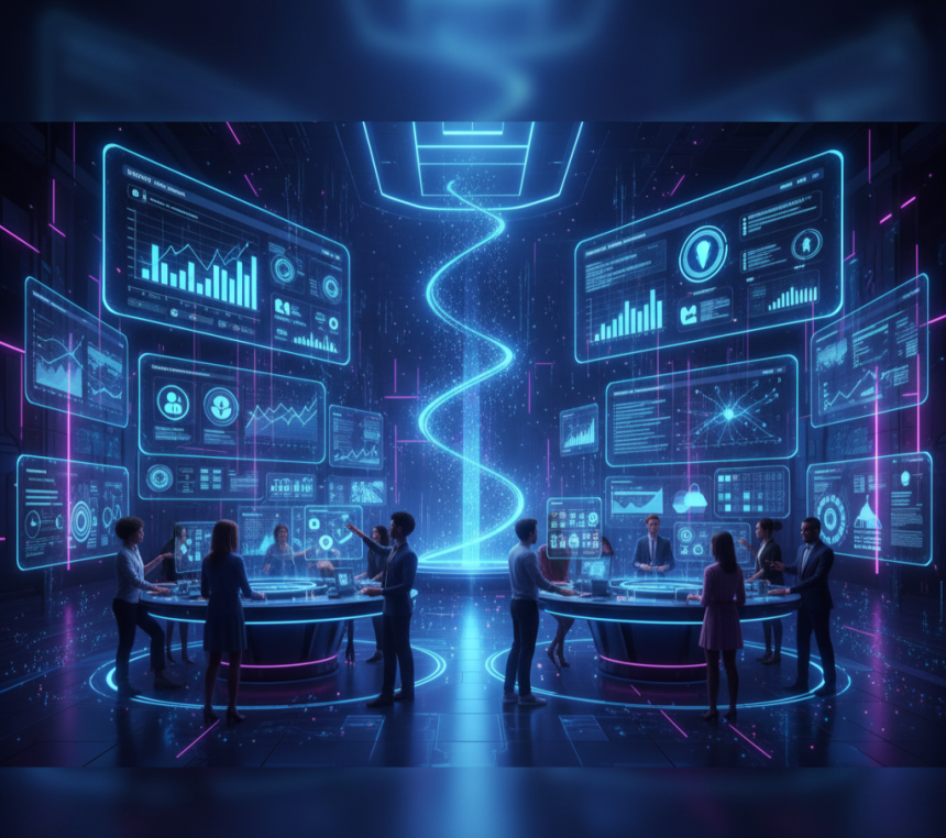 Digital marketing team using AI and analytics tools.