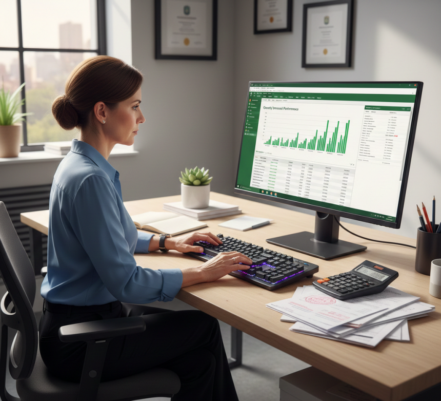 Professional using Tally software on a computer with financial charts and documents in a modern office setup