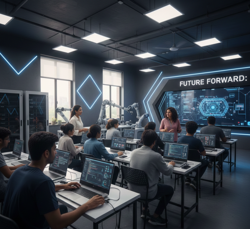 Students learning artificial intelligence with laptops under guidance of professional instructor in modern classroom at AI Computer Classes Indore