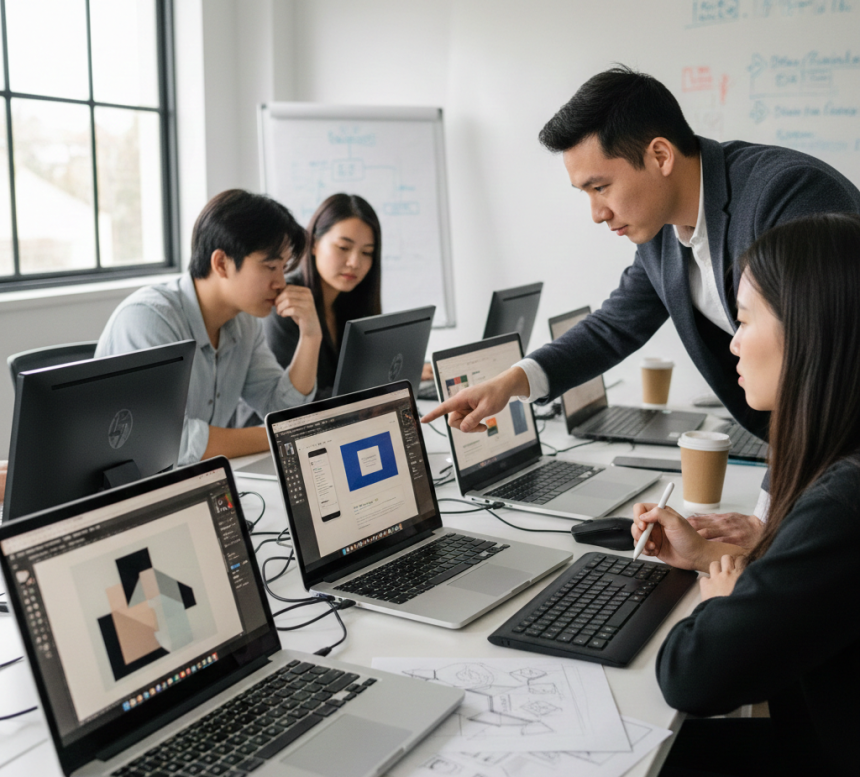 Students learning graphic designing in a professional computer lab at AI Computer Classes, Indore