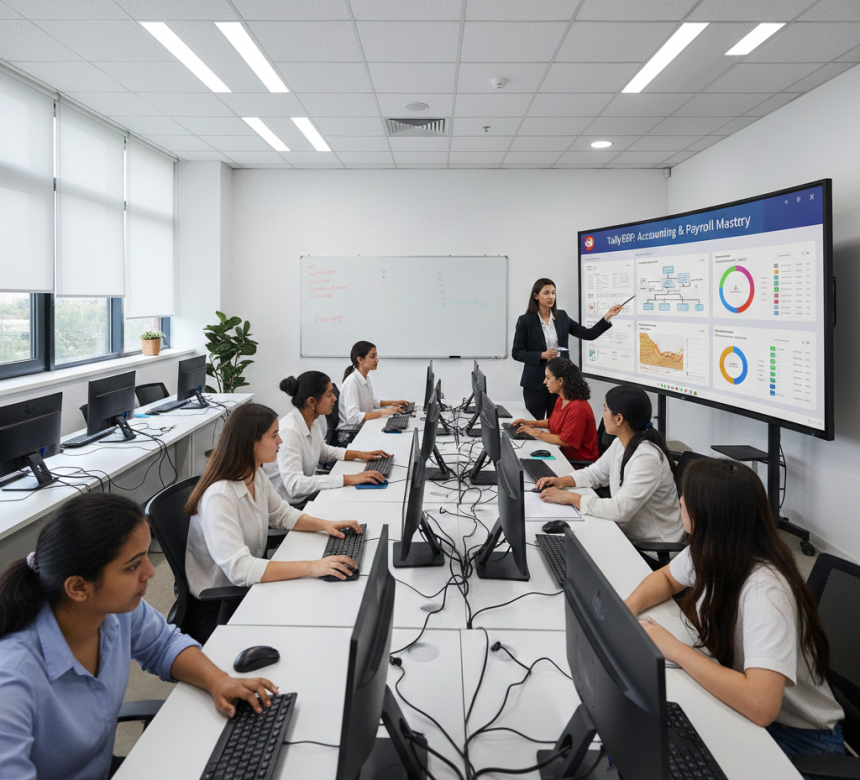 Students learning Tally ERP accounting and business management in a professional computer lab at AI Computer Classes, Indore